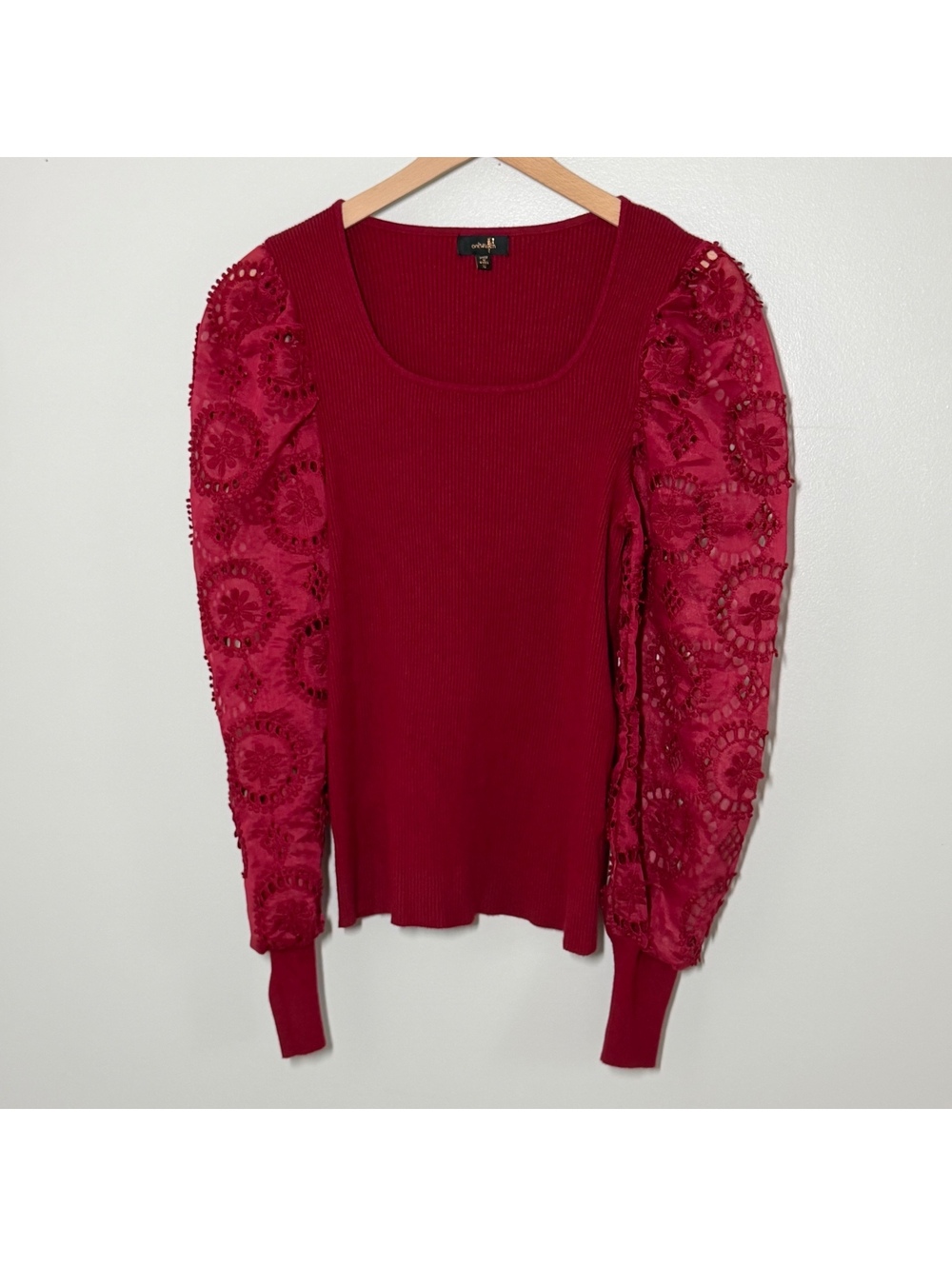 On Twelfth XL Burgundy Ribbed Knit Top Floral Lace Puff Sleeves